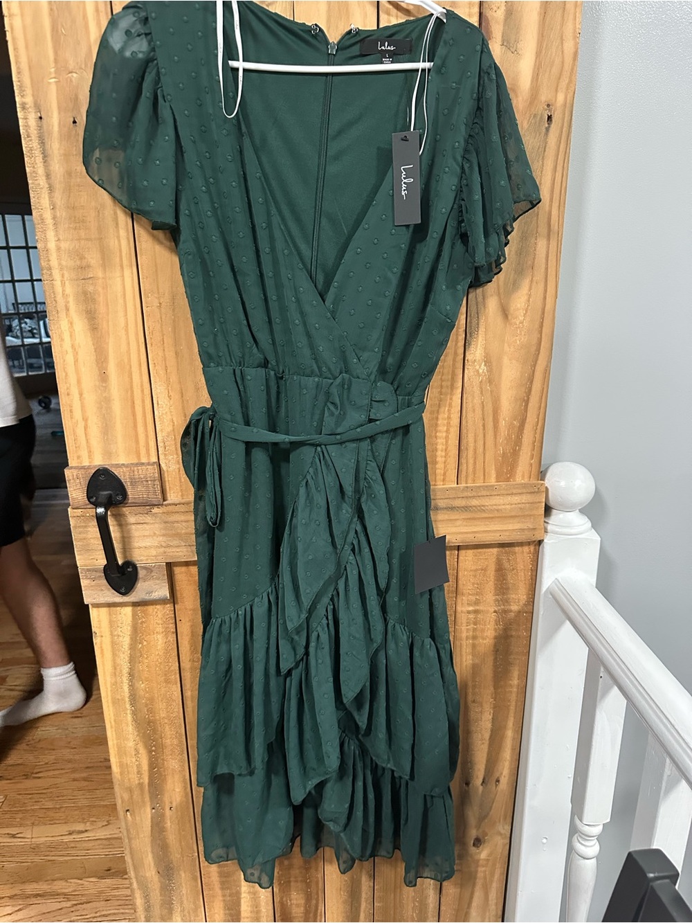 Lulu's Dark Emerald Wrap Midi Dress with Ruffle Hem